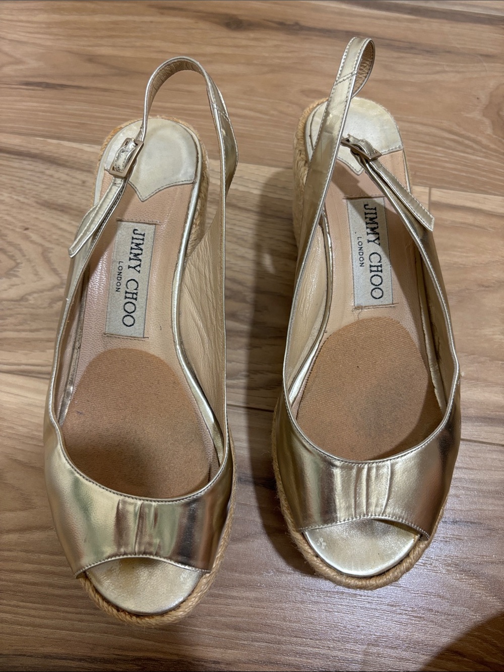 Jimmy Choo Gold Metallic Slingback Wedges